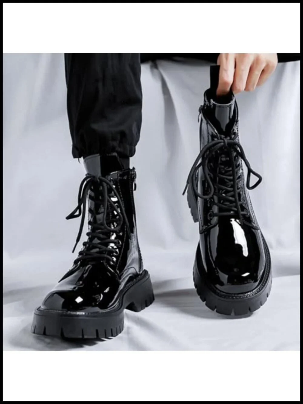 Men's Patent Leather Platform Combat Boots Side Zipper Wide Toe Lace Up Chunky